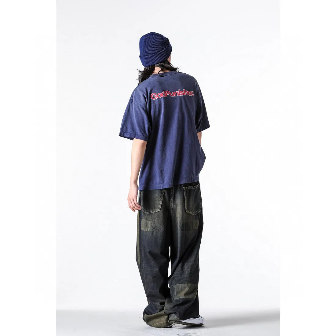 SAINT Mxxxxxx DEAD SAINT SS TEE/NAVY DEAD SAINT printed short sleeves God's Punishment TEE Washed blue S-XL Genuine consistent tube weaving without side seams High weight OE yarn fabric Assute dyeing Multiple horse fades Heavy wash water Worn holes Original consistent main mark/wash mark/little angel anti-counterfeiting mark